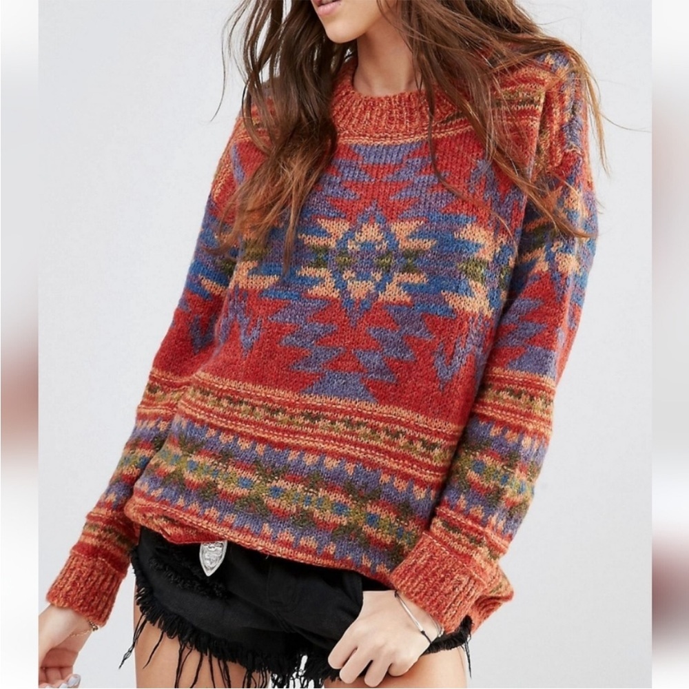 Denim & Supply Ralph Lauren Red Rust Multi-Color Aztec Crewneck Sweater